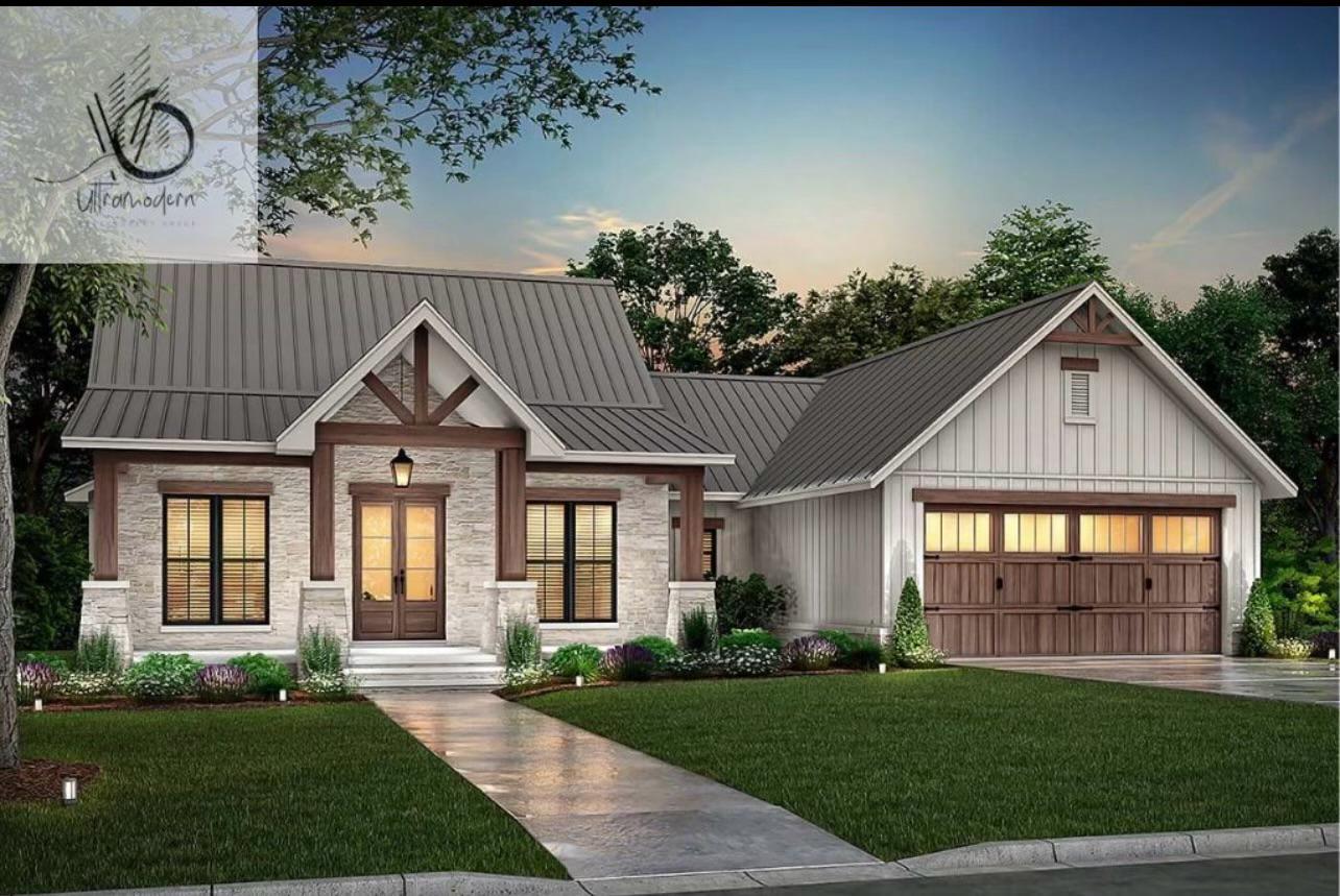 Southern Belle stone and timber farmhouse elevation at dusk