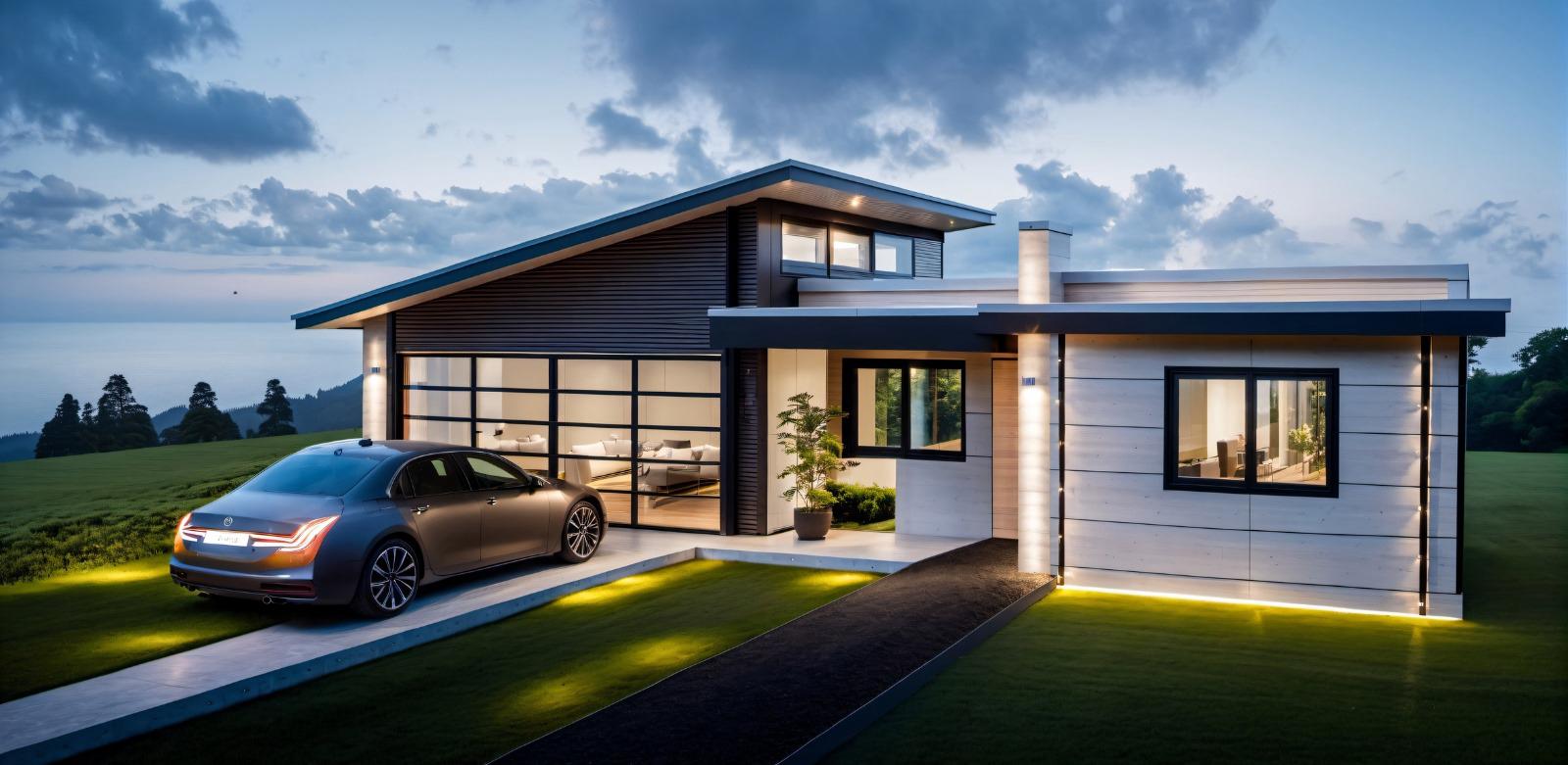 Modern container home at dusk
