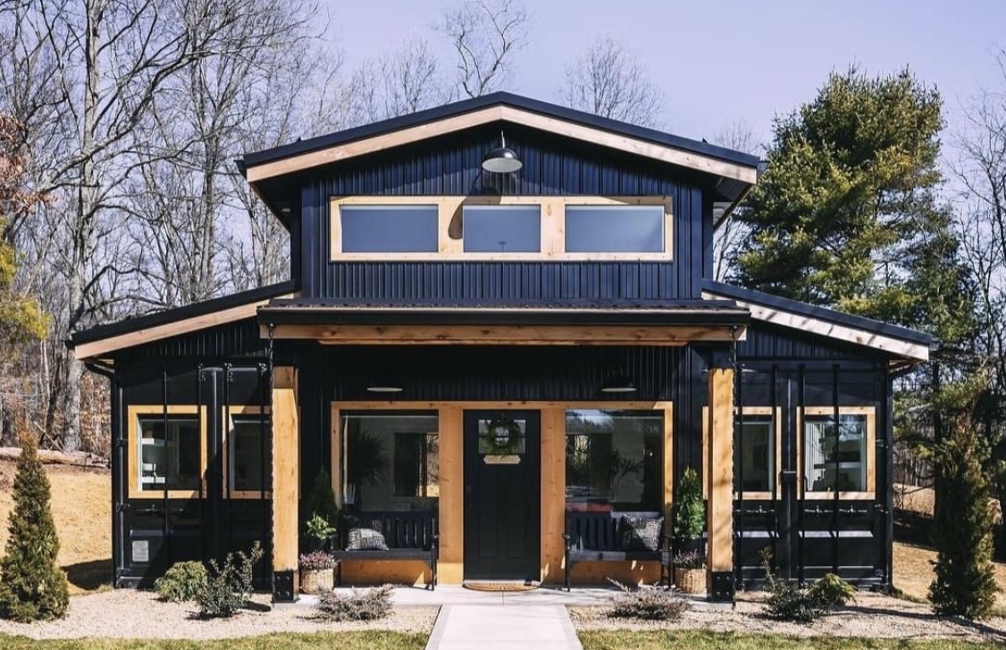 A finished black steel container home