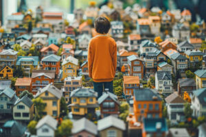 A child standing with a house on his surroundings - Owning vs Renting